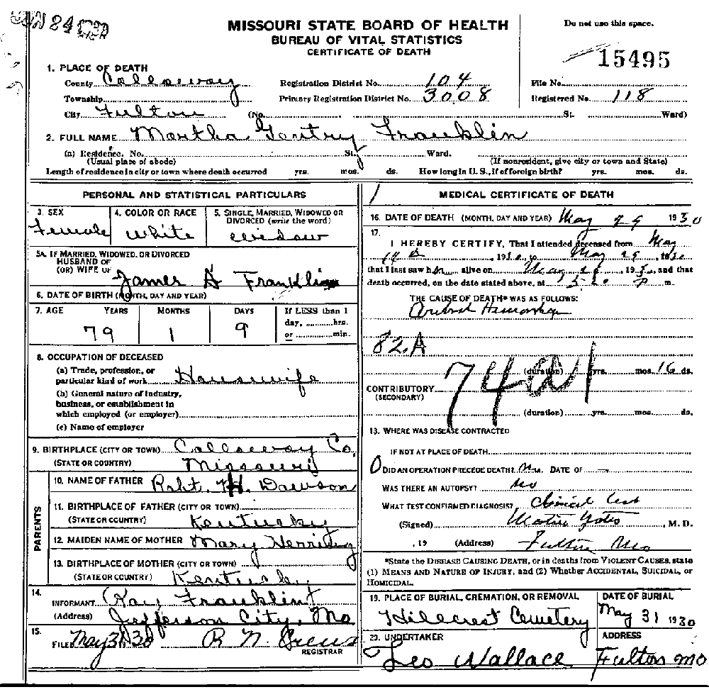 Death Certificate of Franklin, Martha Gentry Dawson