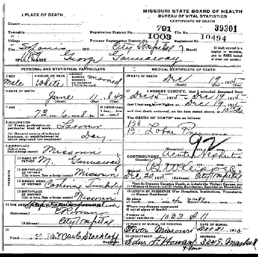 Death certificate of Gannaway, George W.