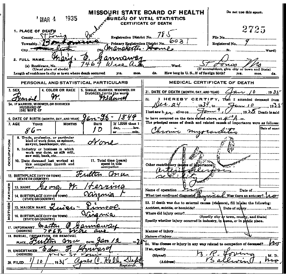 Death Certificate of Gannaway Mary Herring