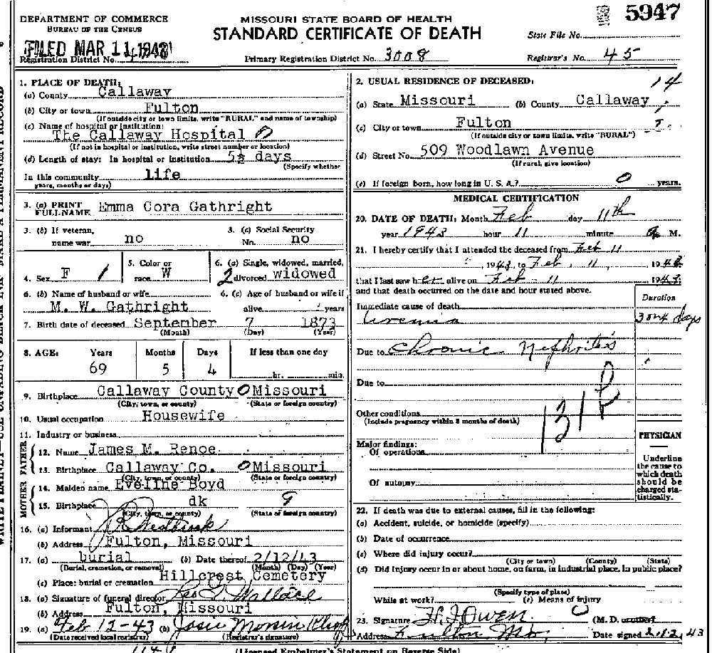 Death Certificate of Gathright, Emma C. Renoe (Westbrook)