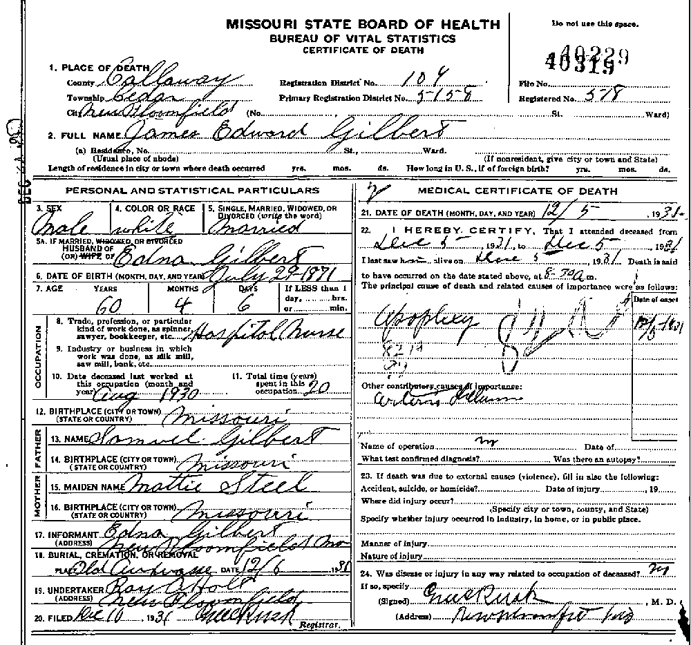 Death Certificate of Gilbert, James Edward