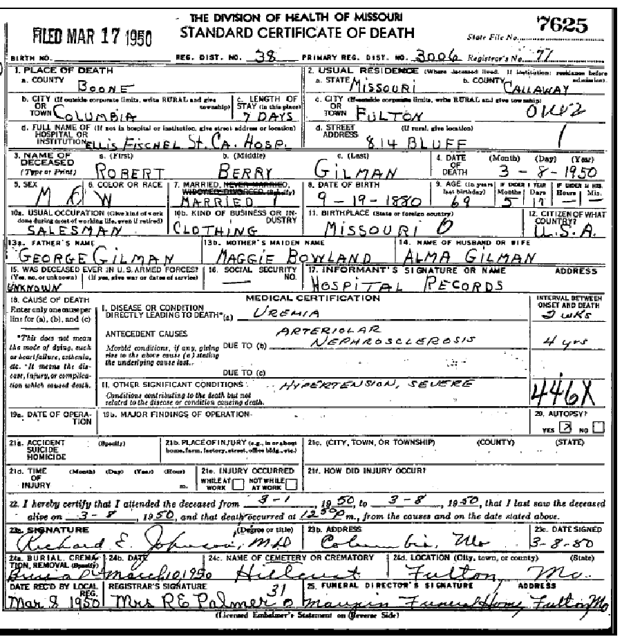 Death certificate of Gilman, Robert Berry