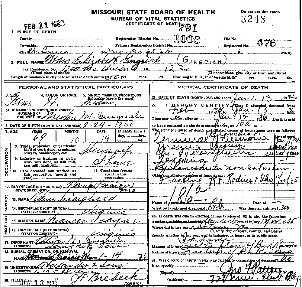 Death Certificate of Gingrich, Mary Elizabeth Craighead