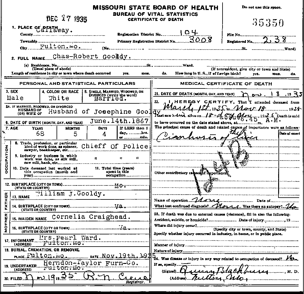 Death Certificate of Gooldy, Charles Robert