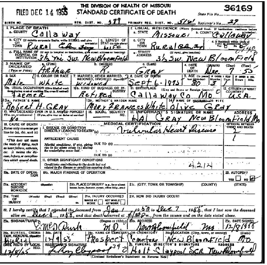 Death certificate of Gray, Arther R.