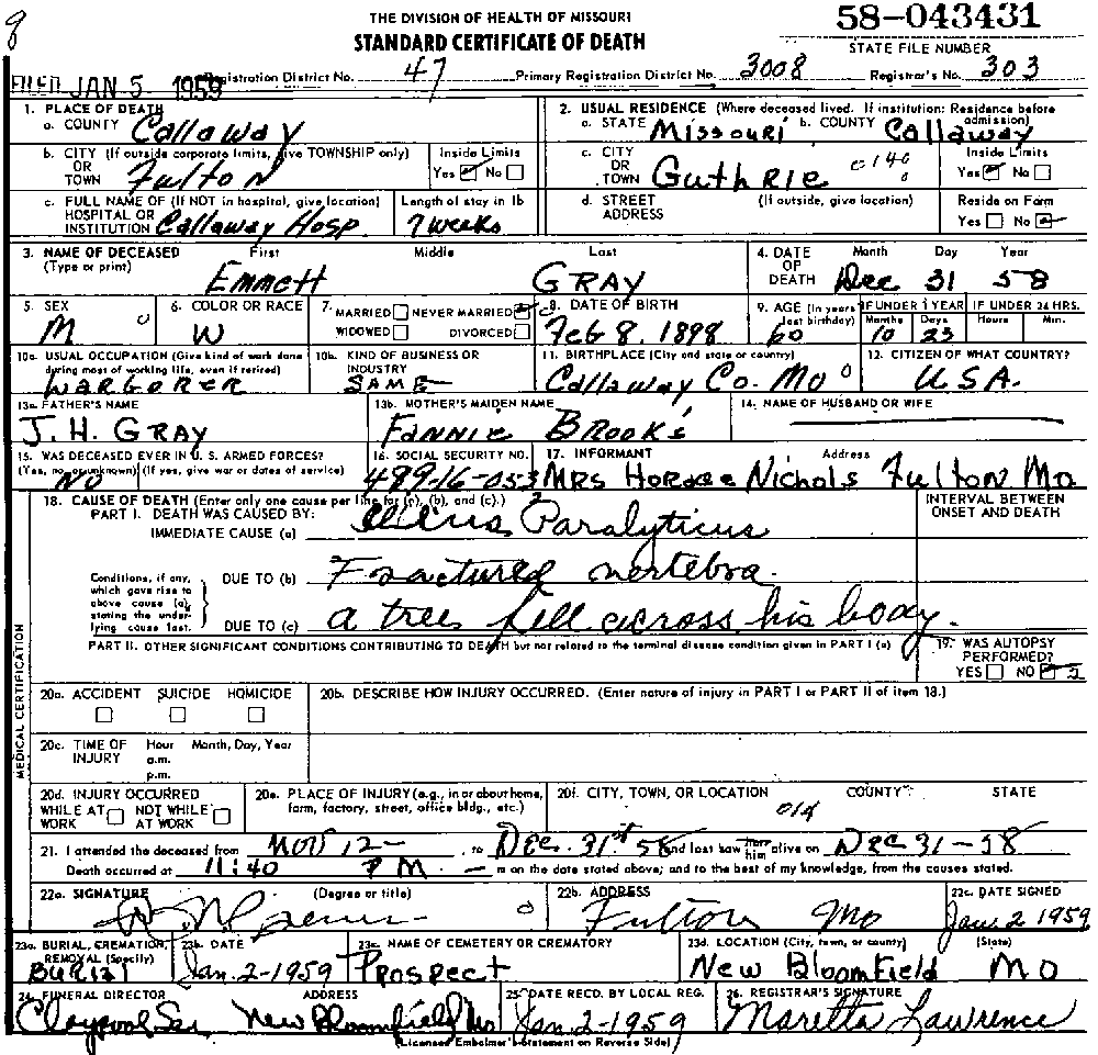 Death Certificate of Gray, Emmett