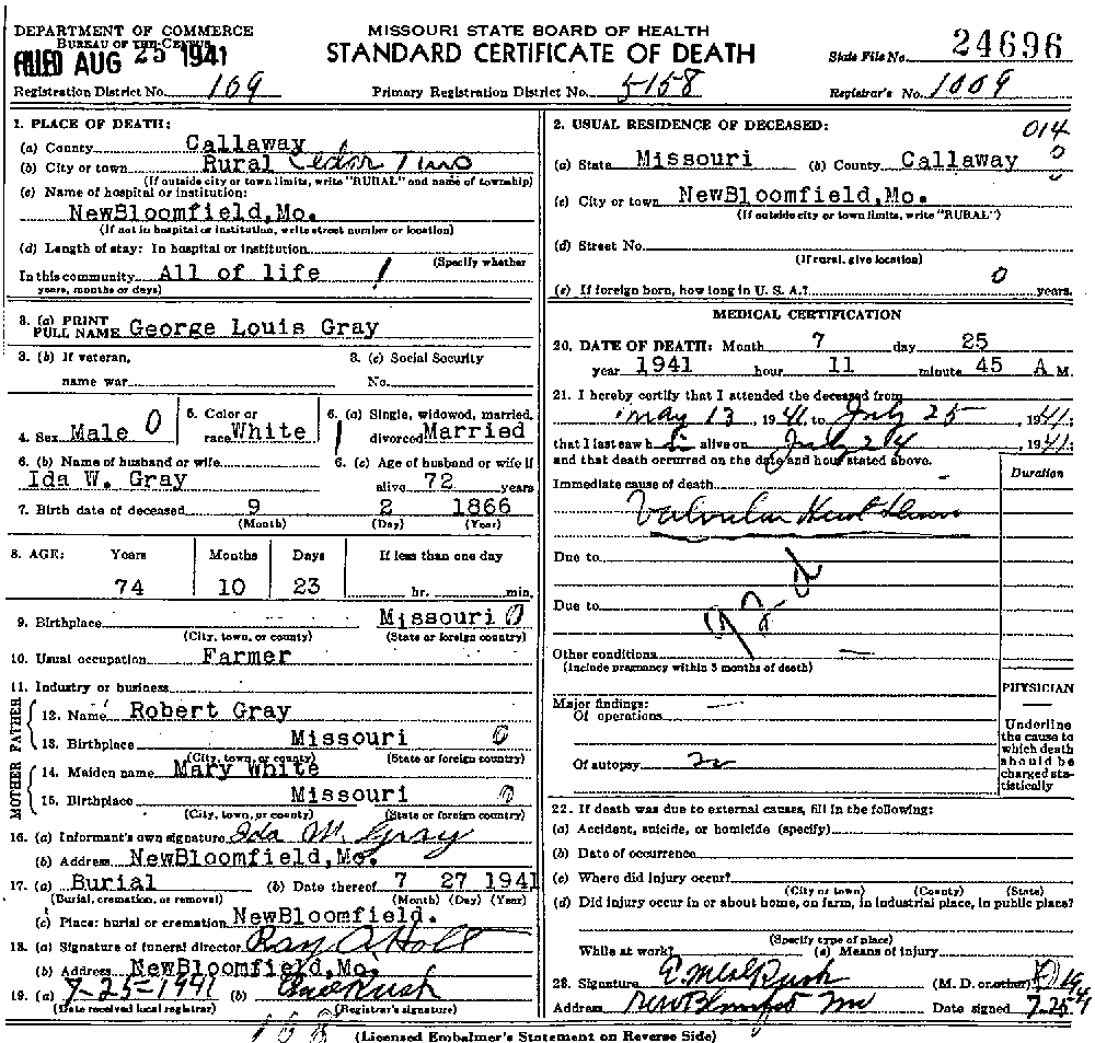 Death Certificate of Gray, George Lewis