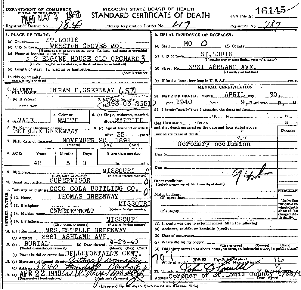 Death Certificate of Greenway, Hiram F.
