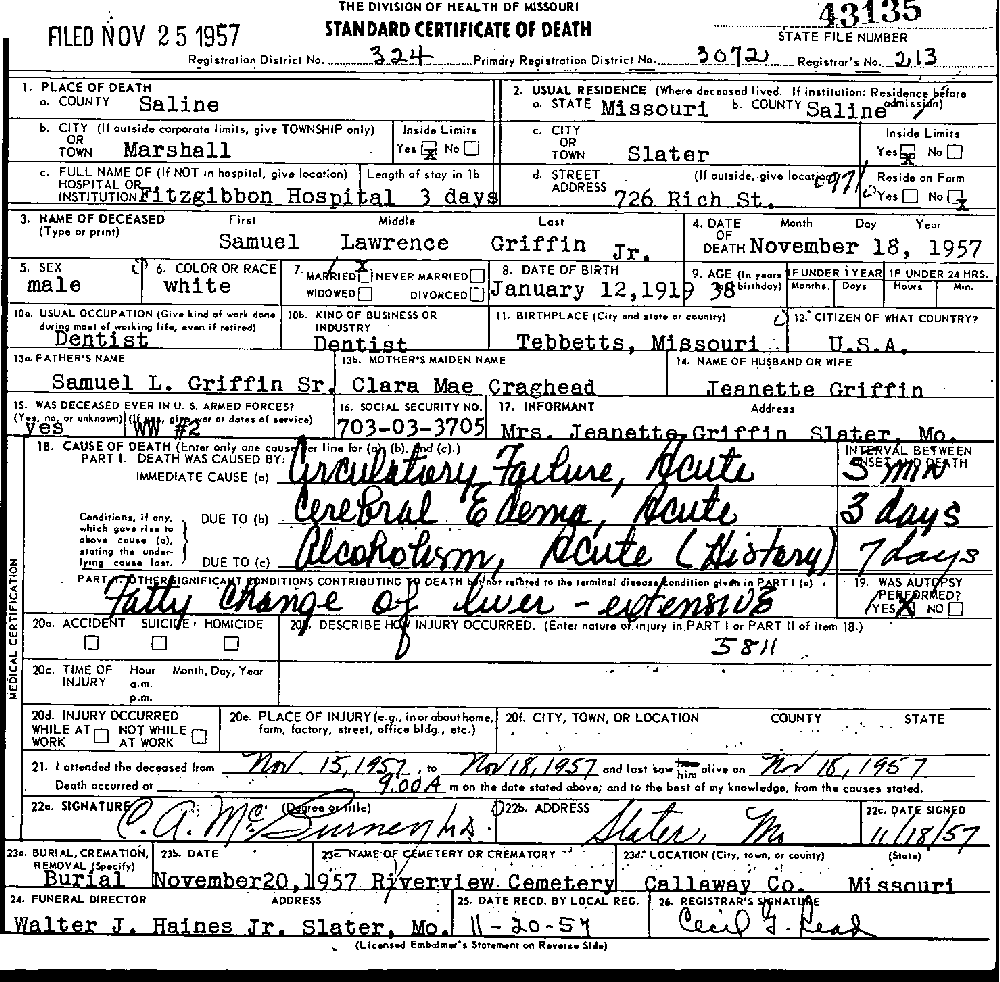 Death Certificate of Griffin, Samuel Lawrence Jr.