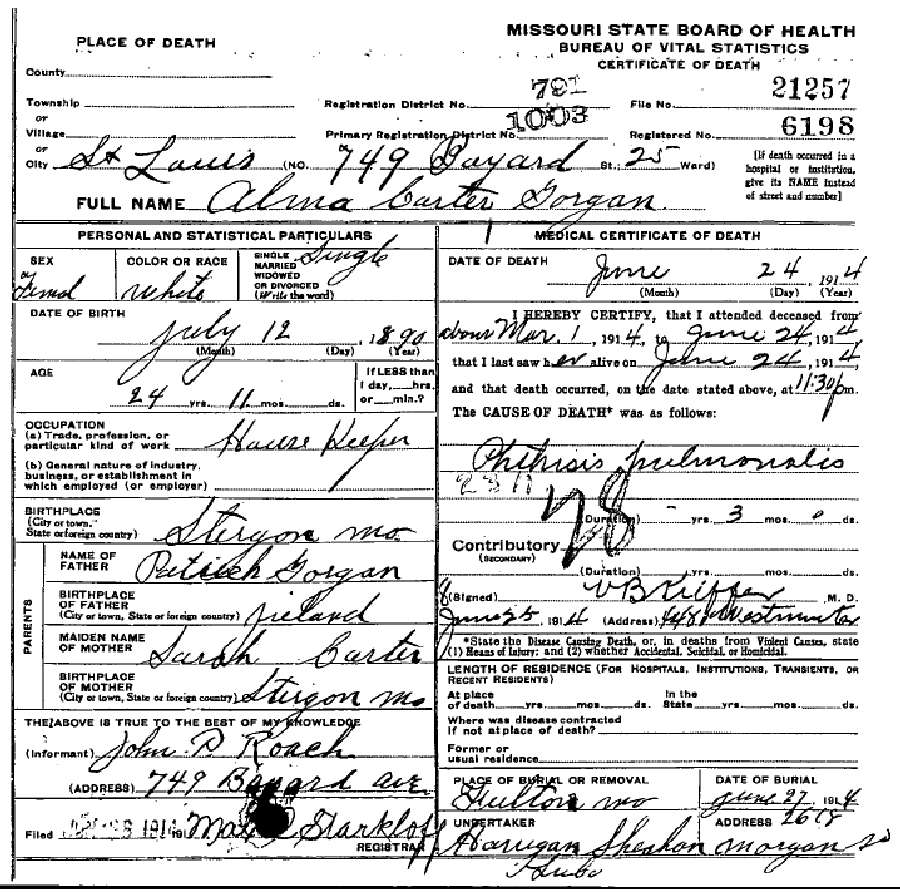 Death certificate of Grogan, Alma Carter