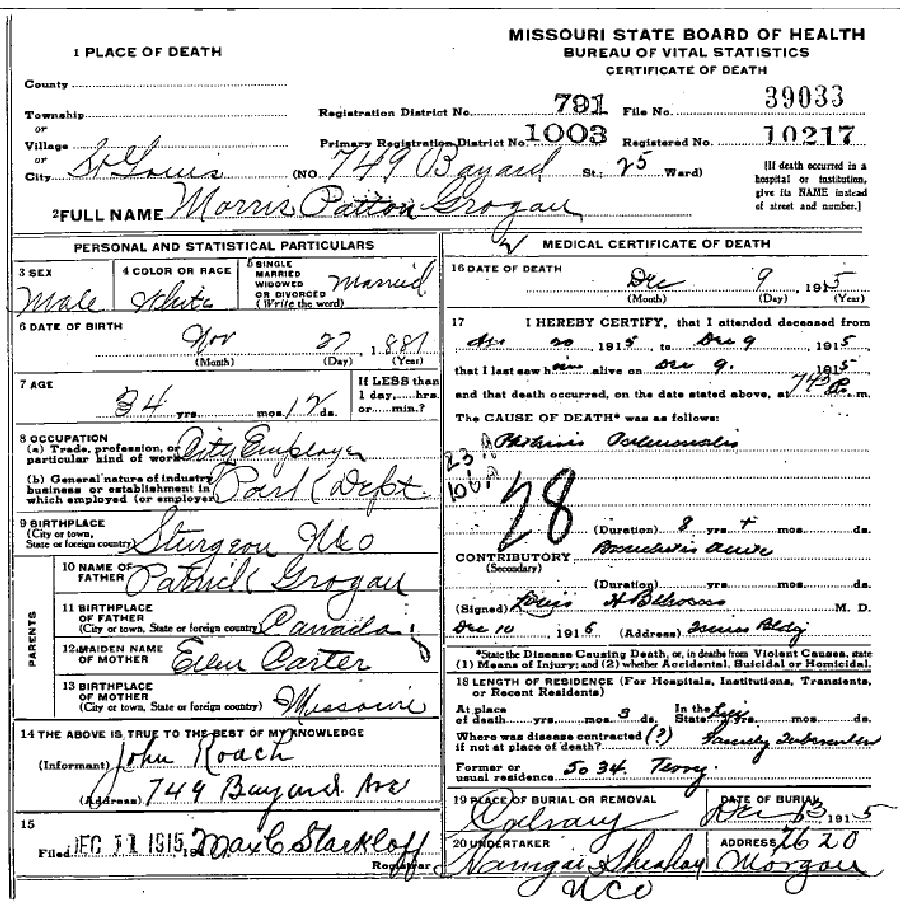 Death certificate of Grogan, Morris Patton