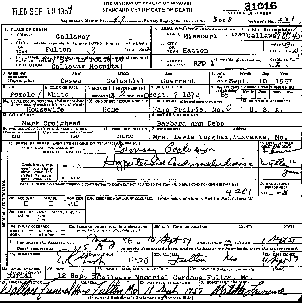 Death Certificate of Guerrant, Ossee C. Craighead