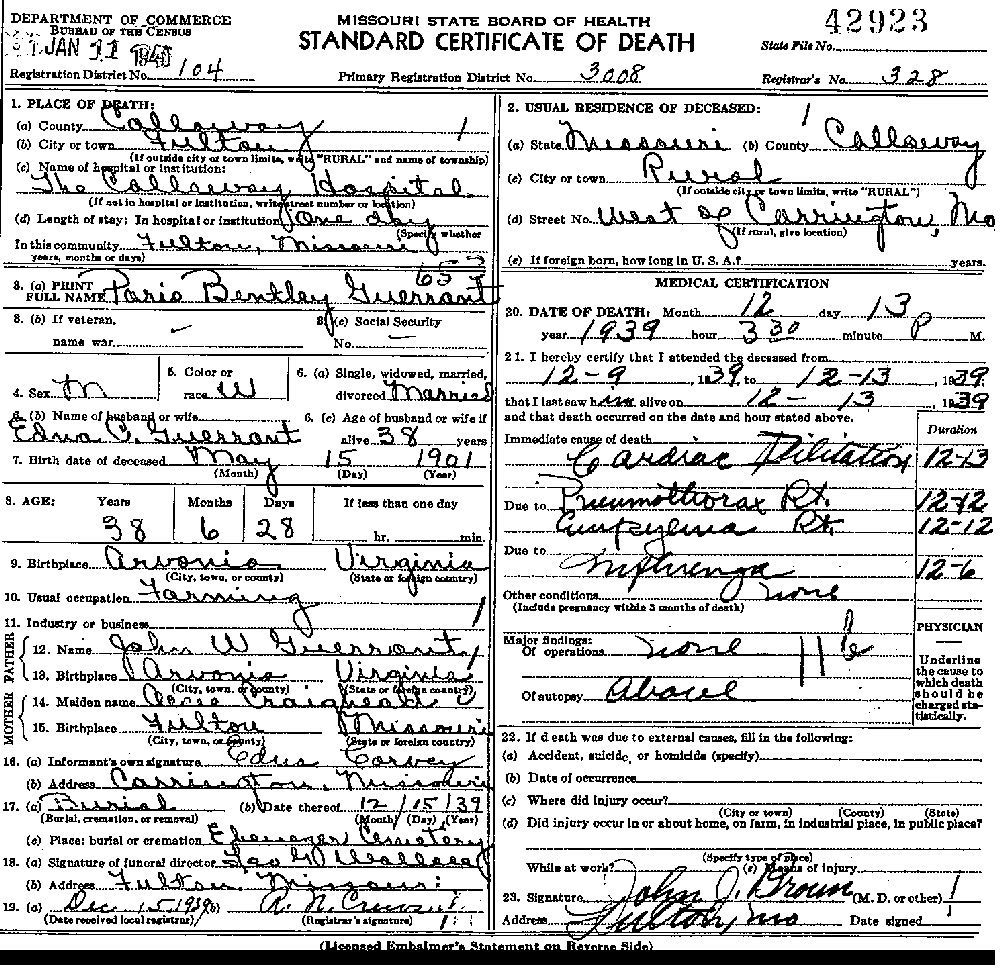 Death Certificate of Guerrant, Paris Bentley