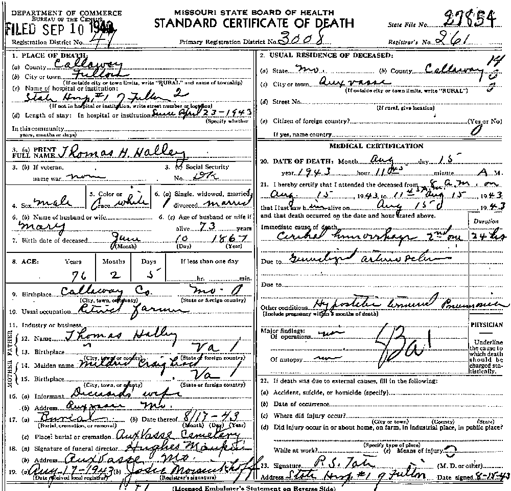 Death Certificate of Halley, Thomas H.