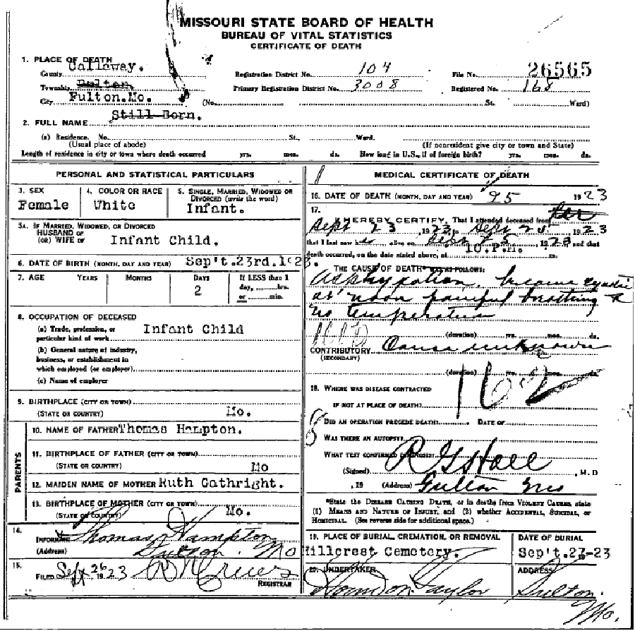 Death certificate of Hampton, infant daughter