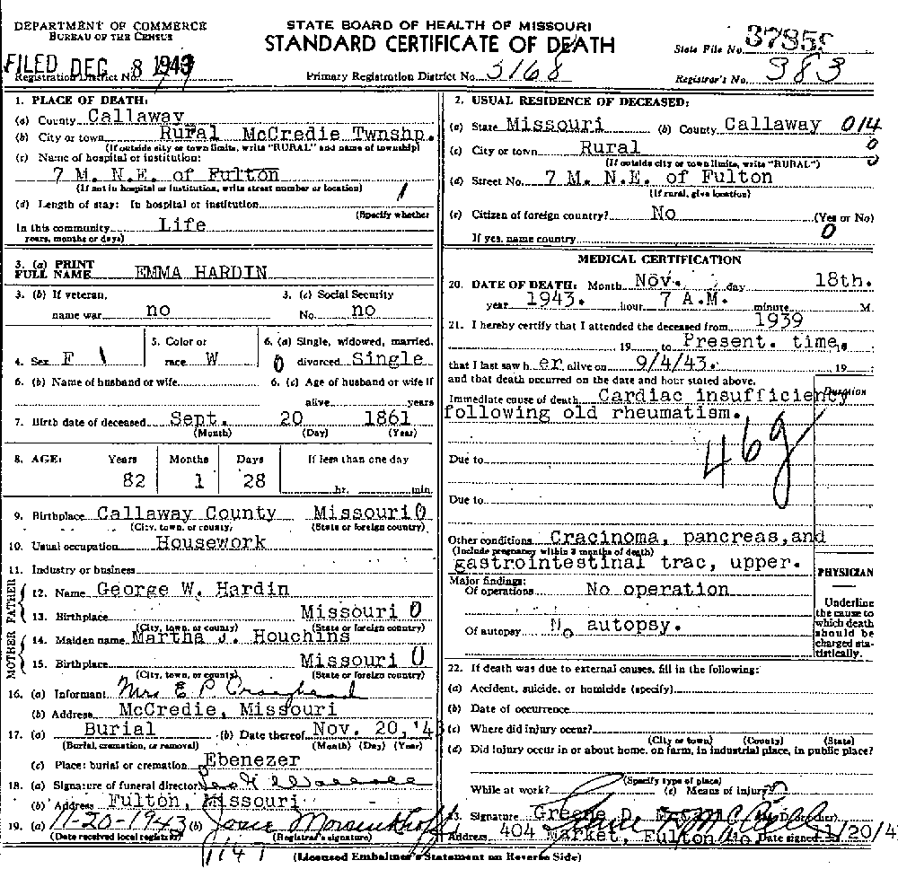 Death Certificate of Hardin, Emma Jane