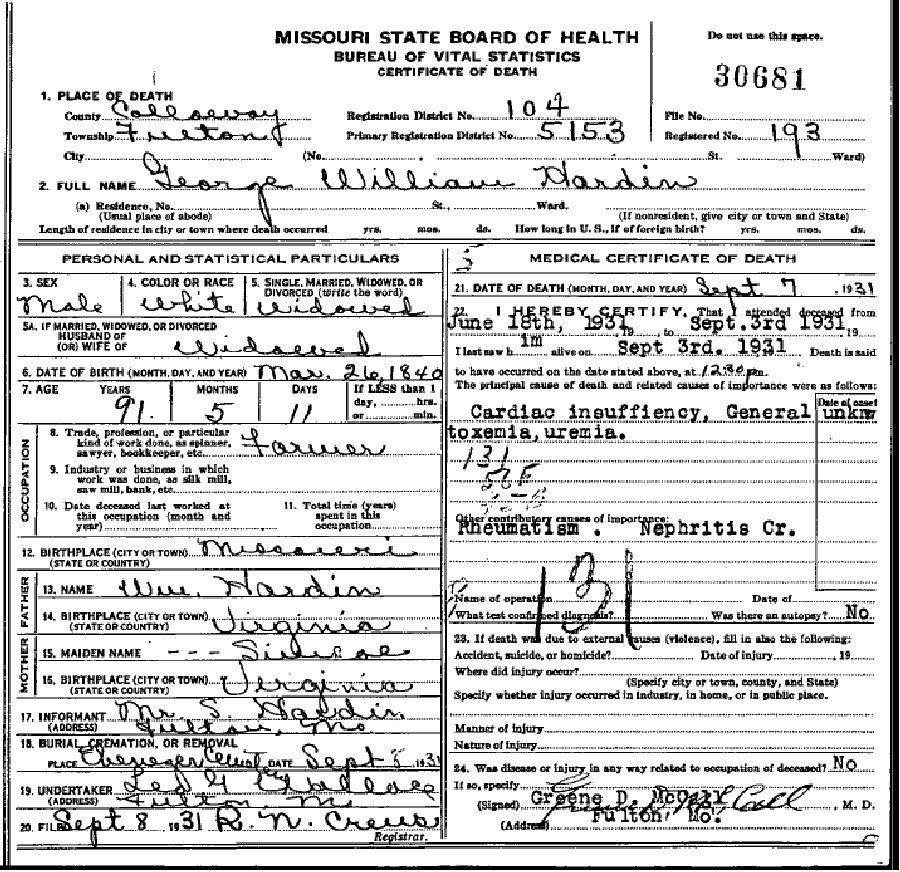 Death certificate of Hardin, George William