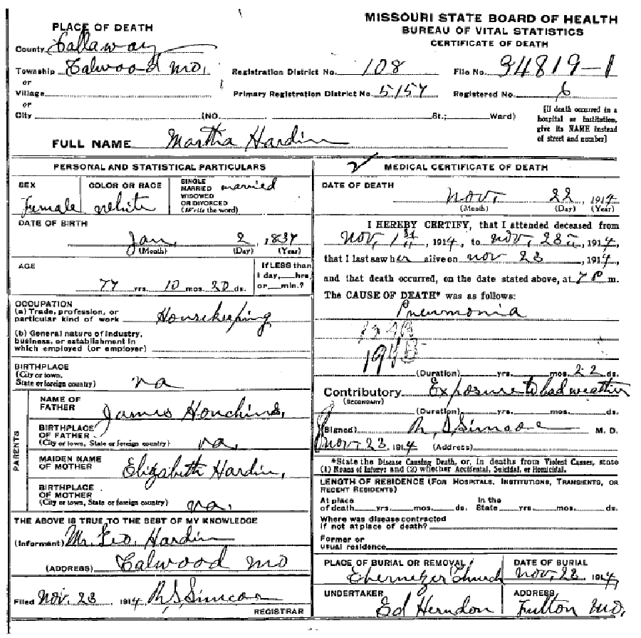 Death certificate of Hardin, Martha Virginia Houchins
