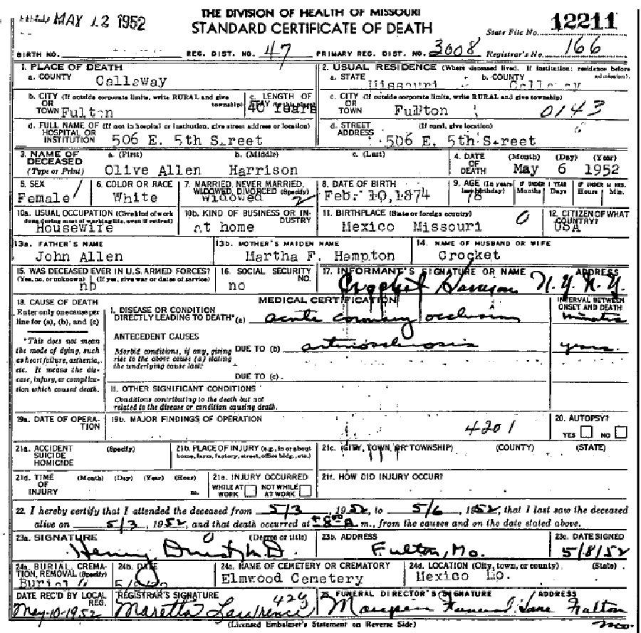 Death certificate of Harrison, Olive Allen