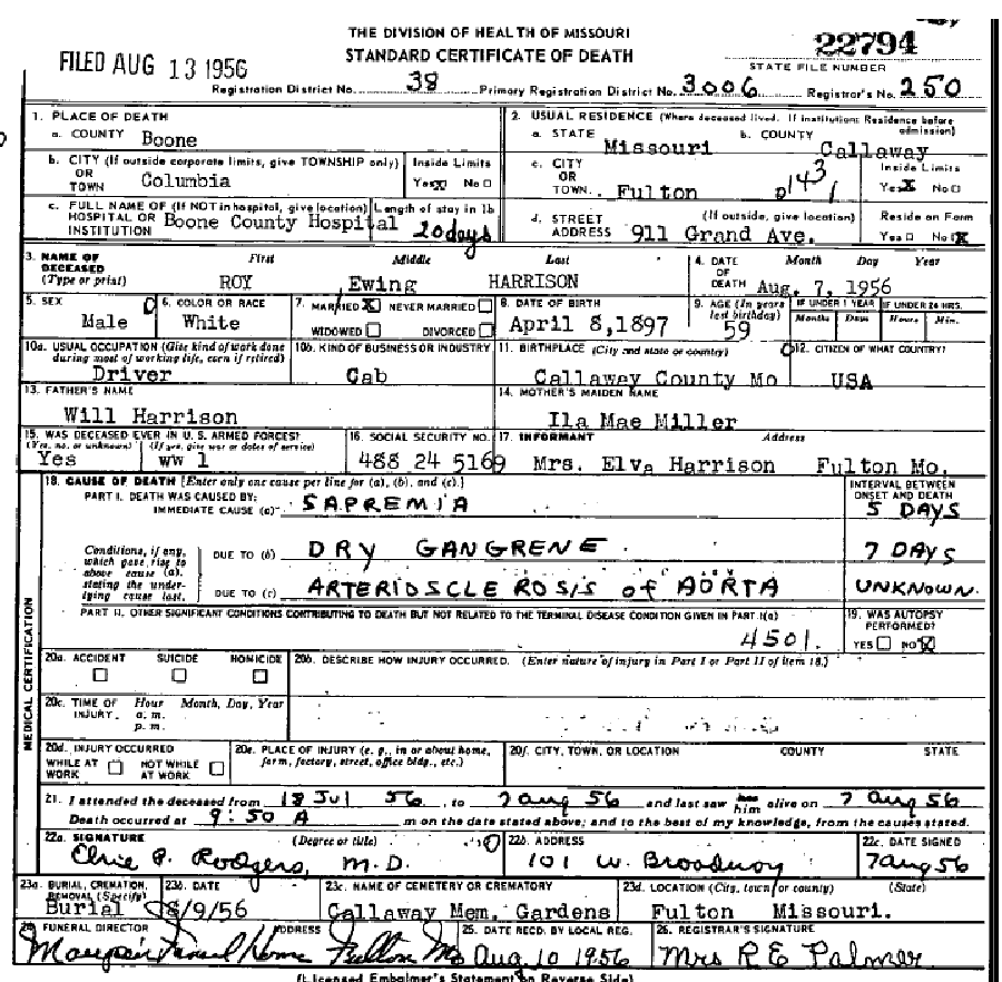 Death certificate of Harrison, Roy Ewing