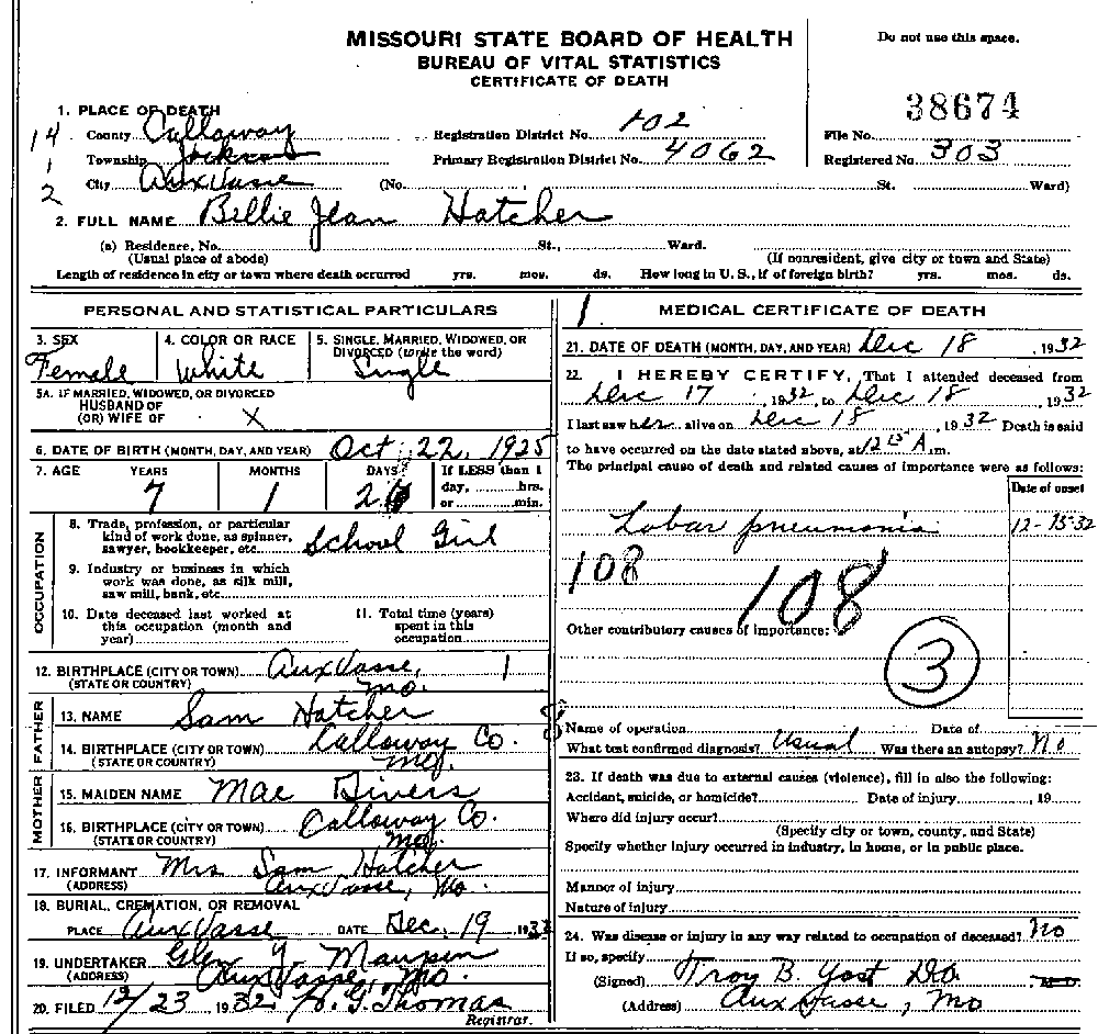 Death Certificate of Hatcher, Billie Jean