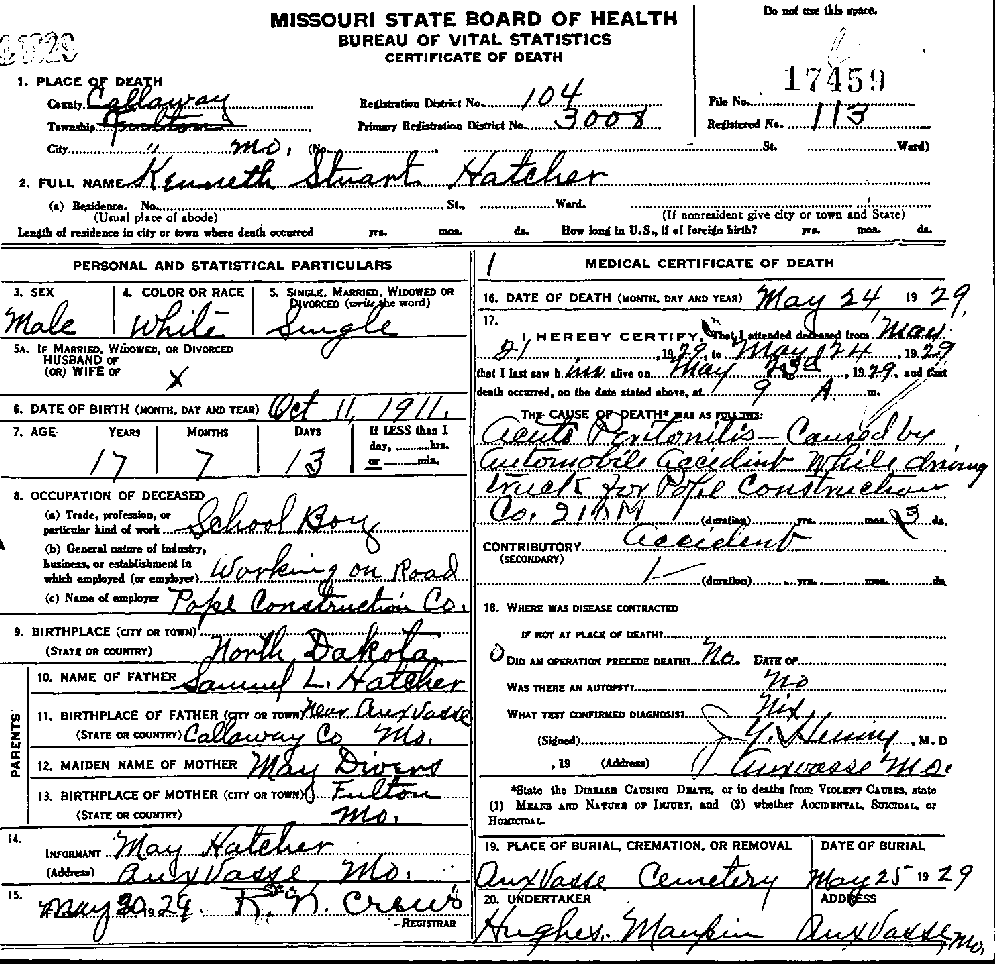 Death Certificate of Hatcher, Kenneth Stuart