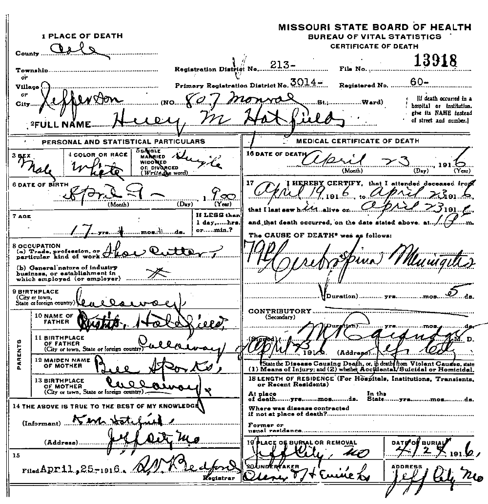 Death Certificate of Hatfield, Huey M.