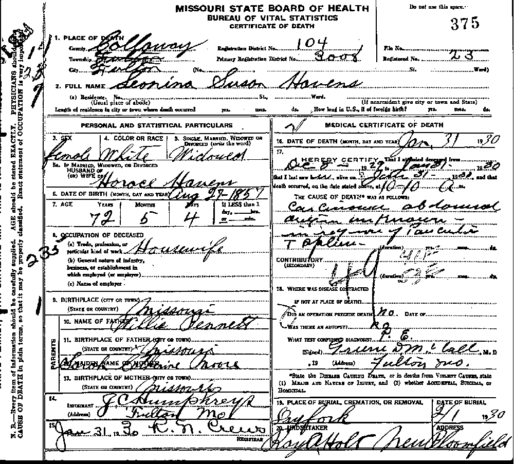 Death Certificate of Havens, Leonina Susan Bennett