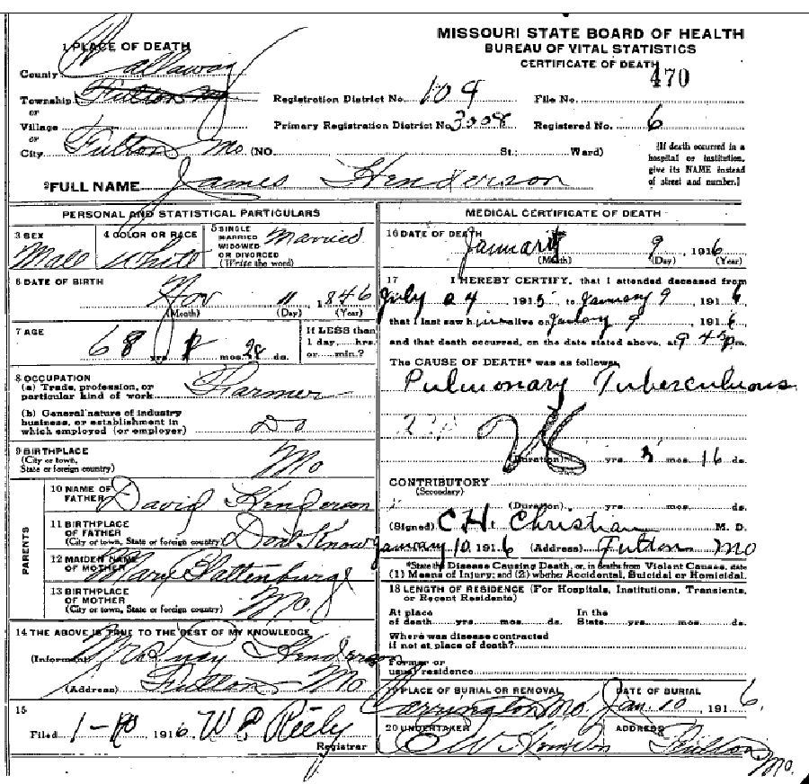 Death certificate of Henderson, James L.