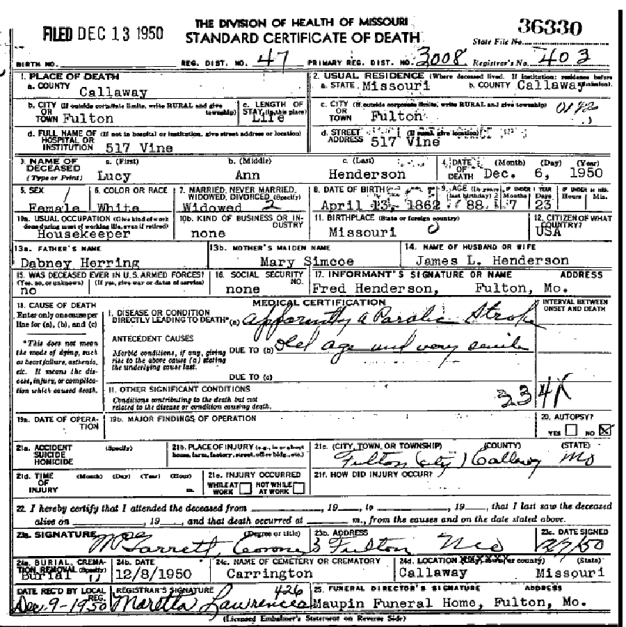 Death certificate of Henderson, Lucy Ann Herring