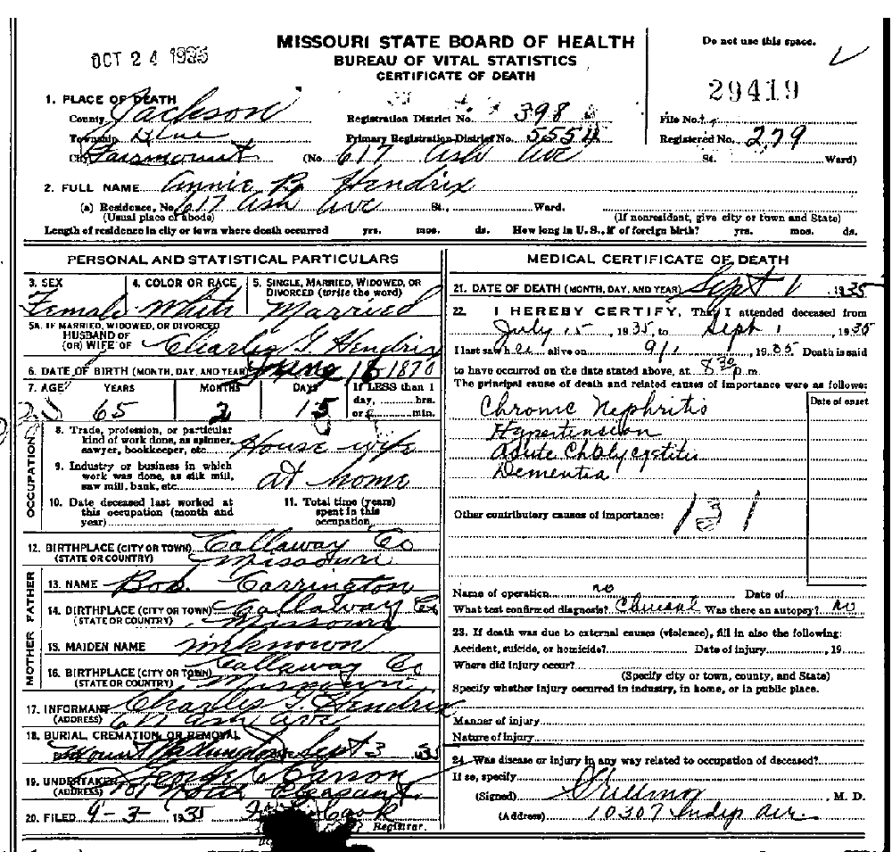 Death Certificate of Hendrix, Annie B.