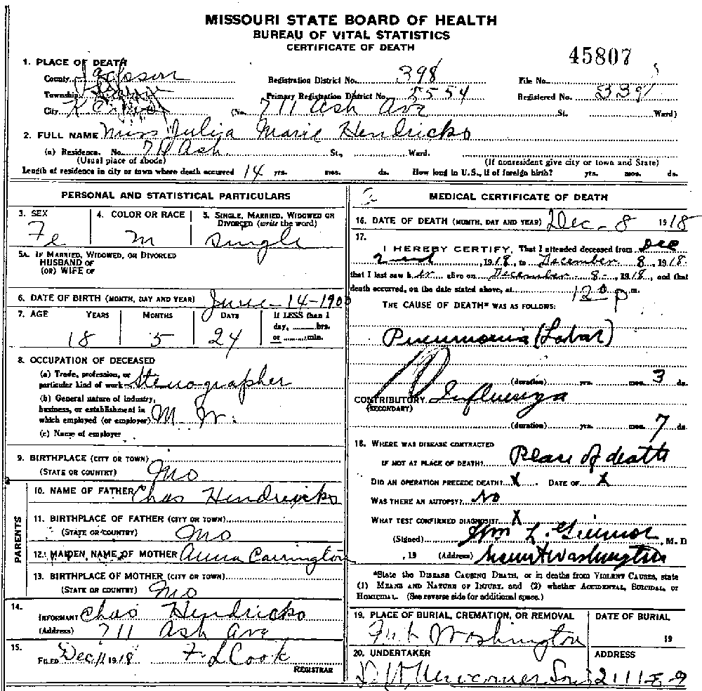 Death Certificate of Hendrix, Julia Marie