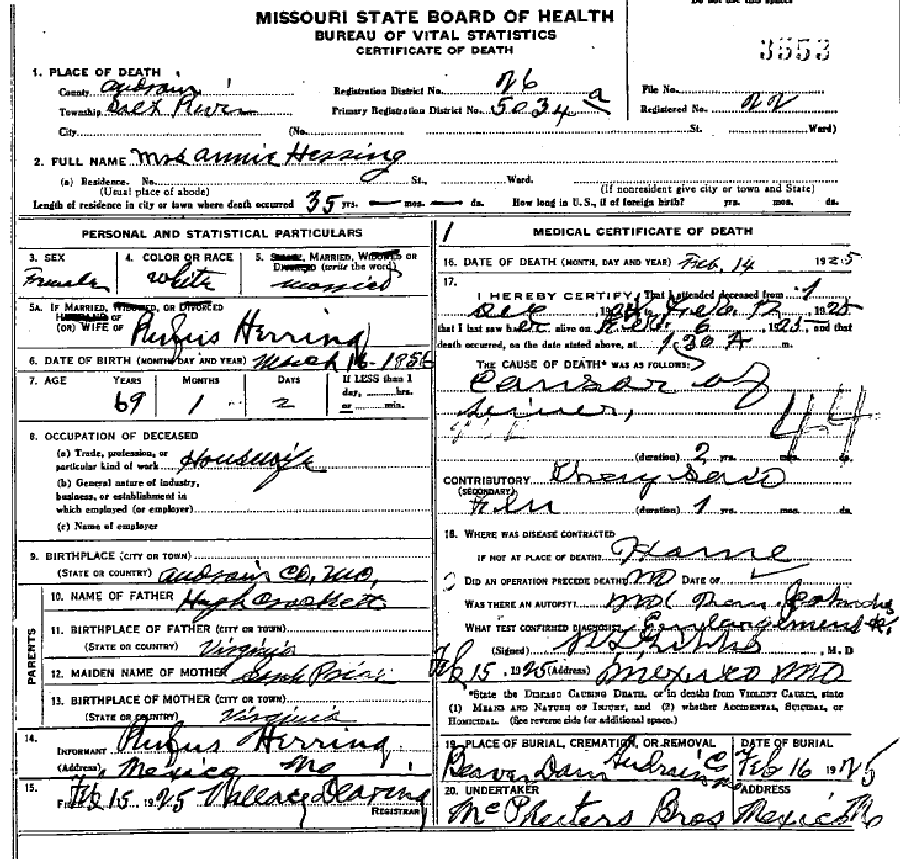 Death certificate of Herring, Annie Crockett