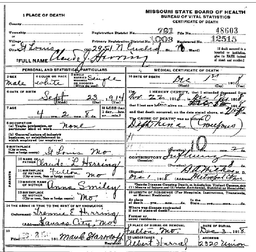 Death certificate of Herring, Claude J.