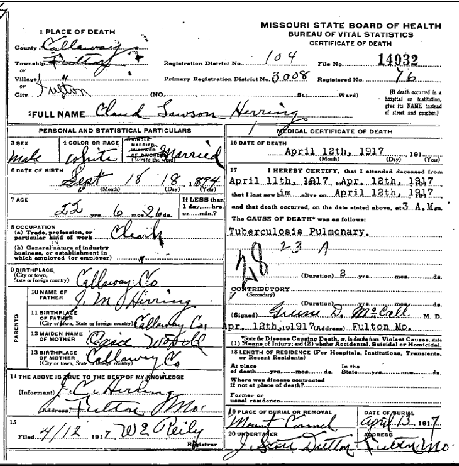 Death certificate of Herring, Claude Lawson