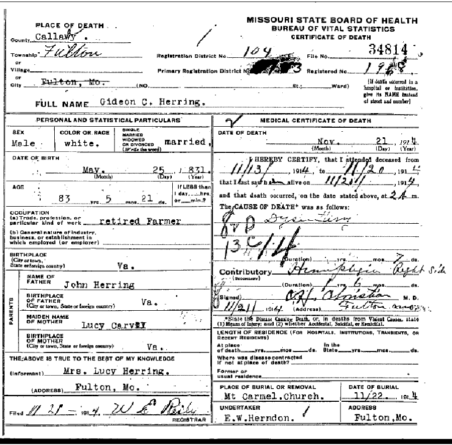 Death certificate of Herring, Gideon Carver