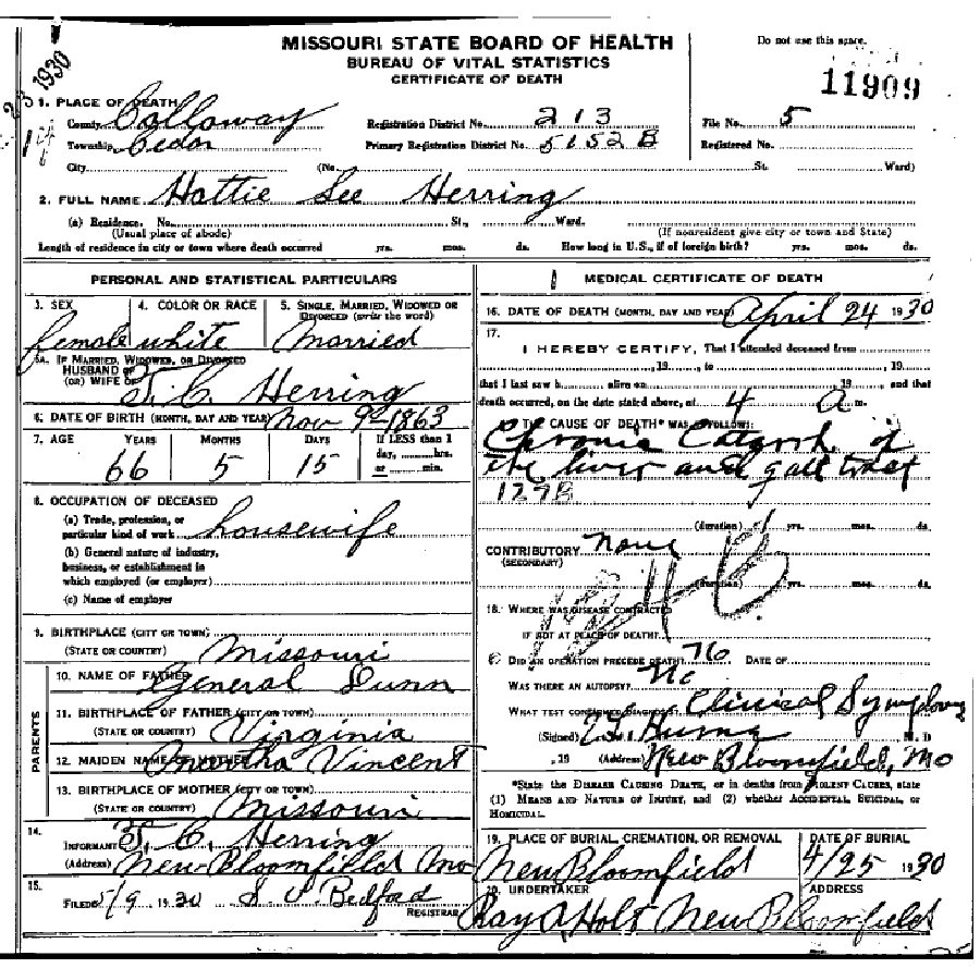 Death certificate of Herring, Hattie Lee Dunn