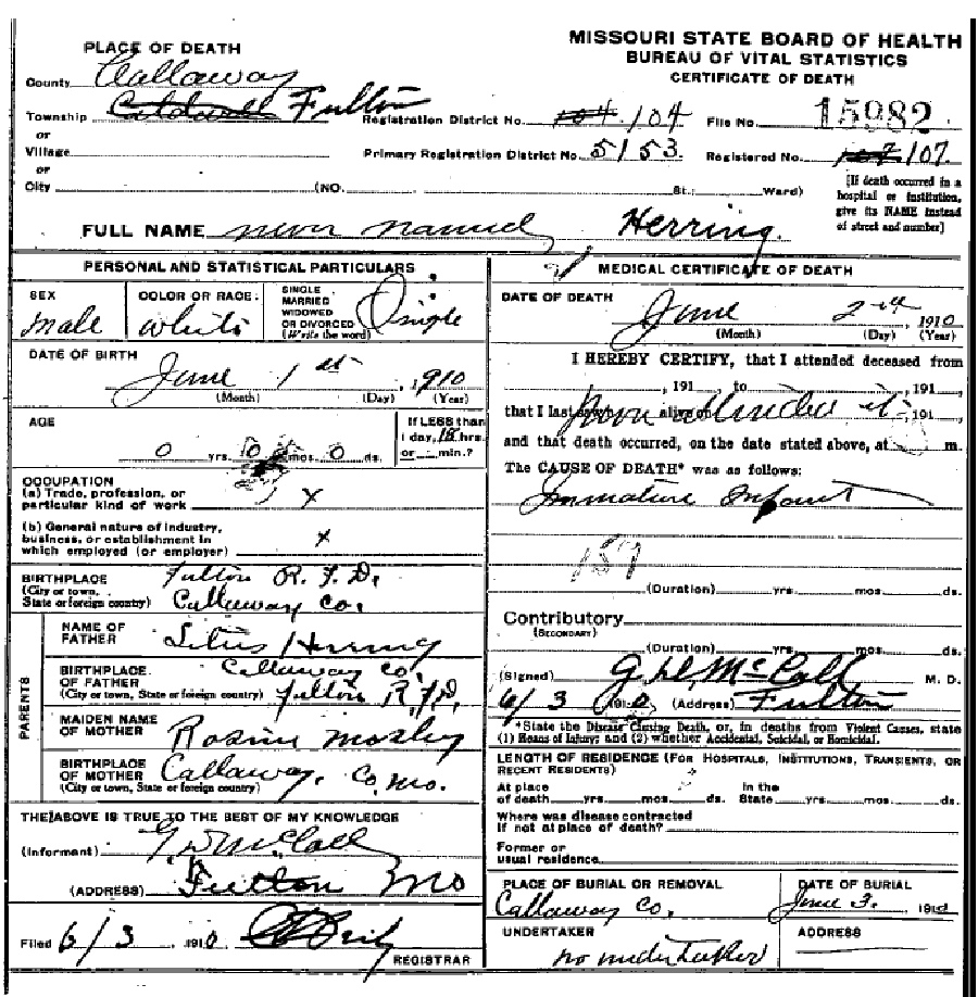Death certificate of Herring, infant son