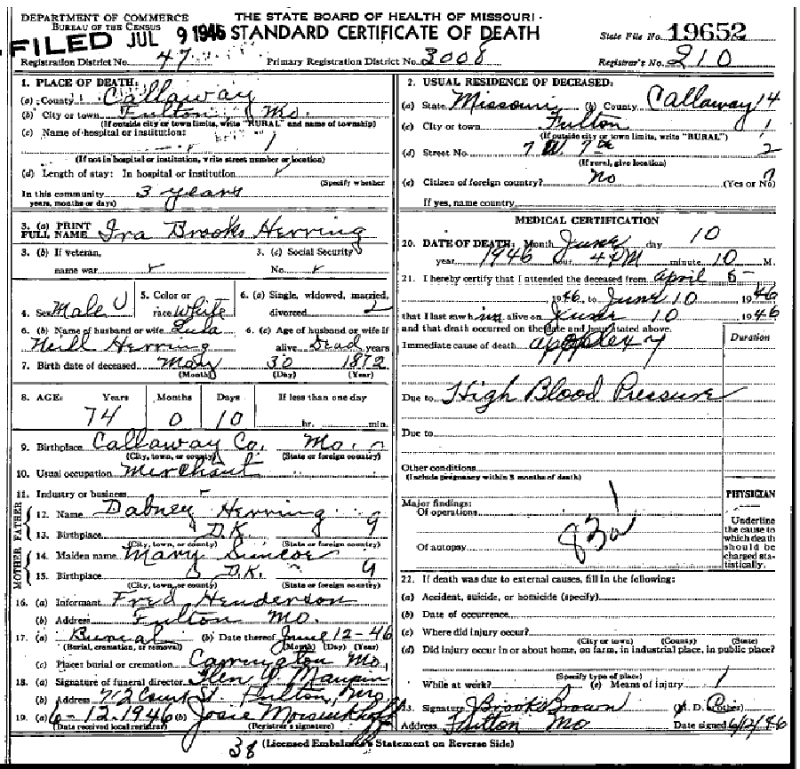 Death certificate of Herring, Ira Brooks