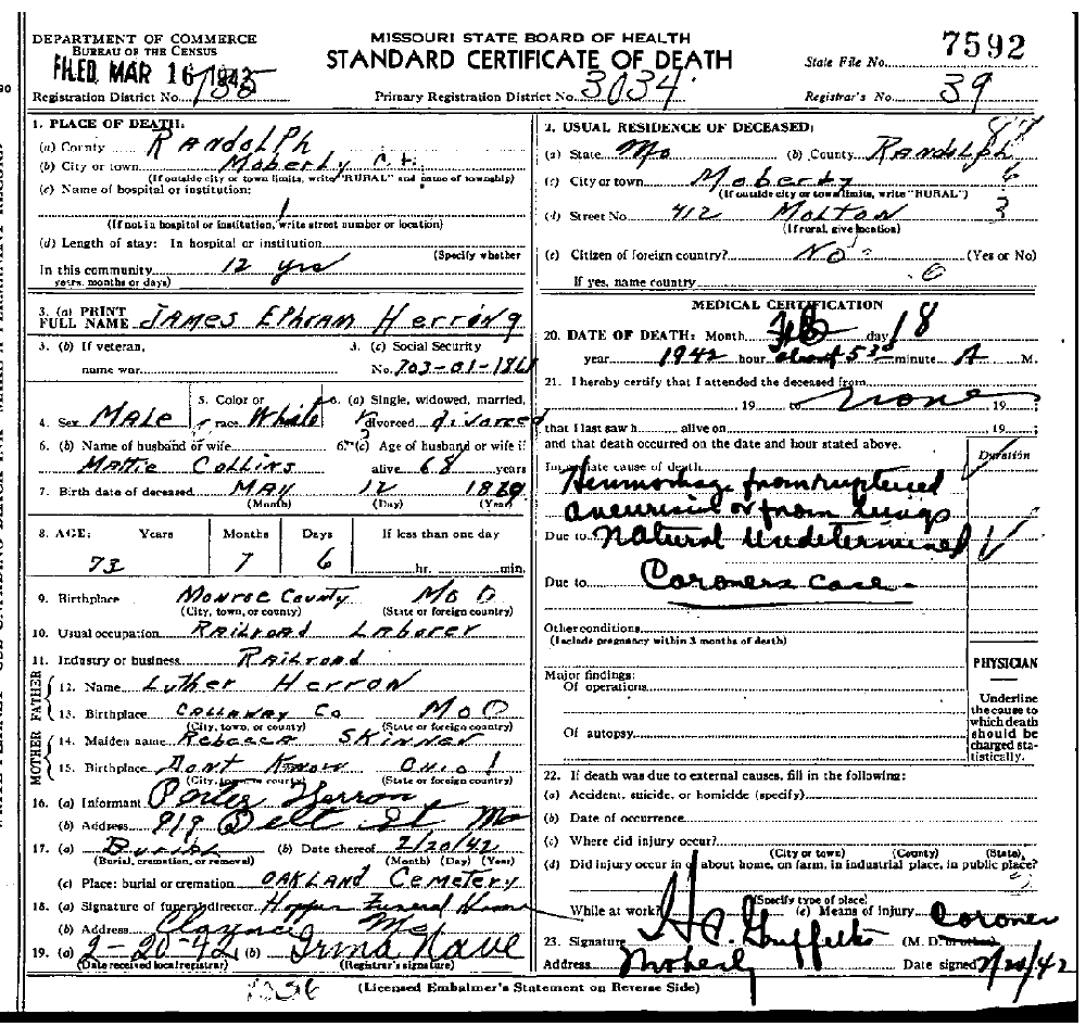 Death Certificate of Herring, James Ephram