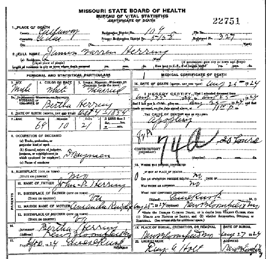 Death certificate of Herring, James Warren