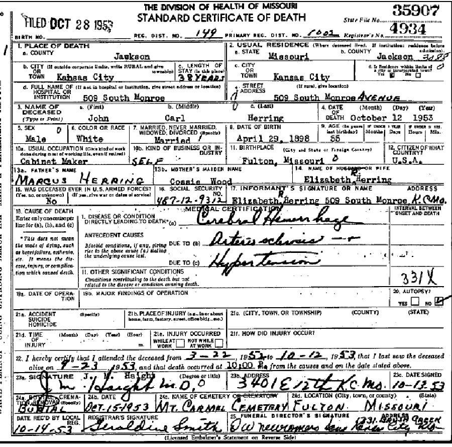 Death Certificate of Herring, John Carl