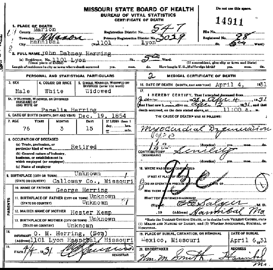 Death certificate of Herring, John Dabney