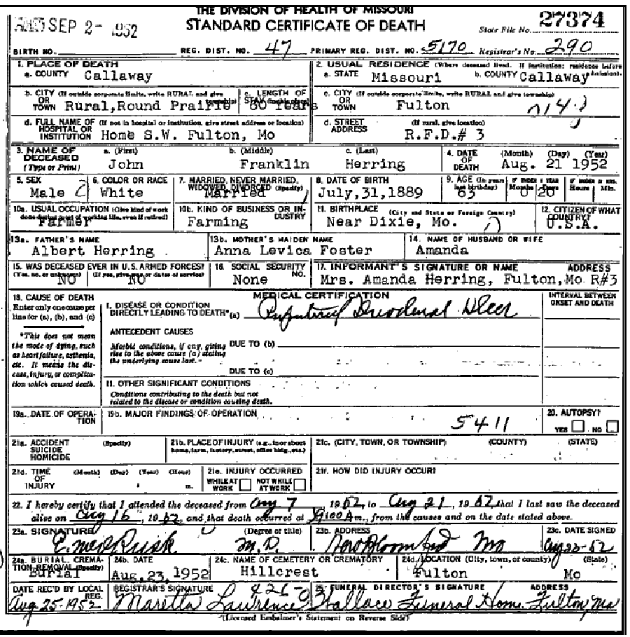Death certificate of Herring, John Franklin