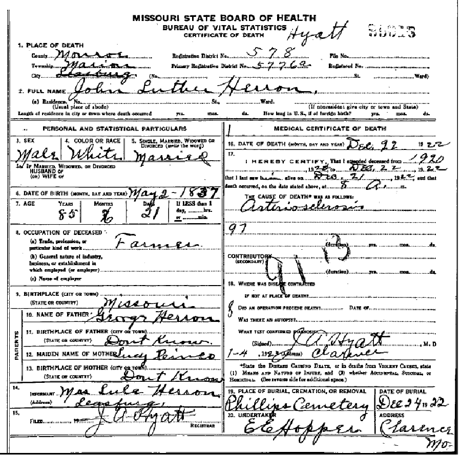 Death certificate of Herring, John Luther