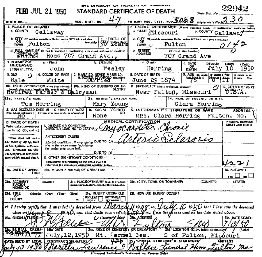 Death certificate of Herring, John Wesley