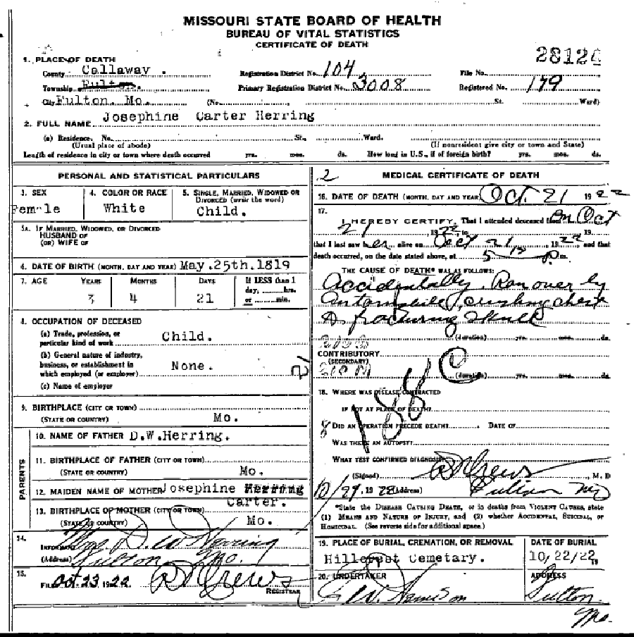 Death certificate of Herring, Josephine Carter