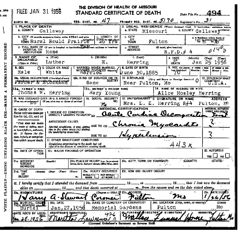 Death certificate of Herring, Luther E.