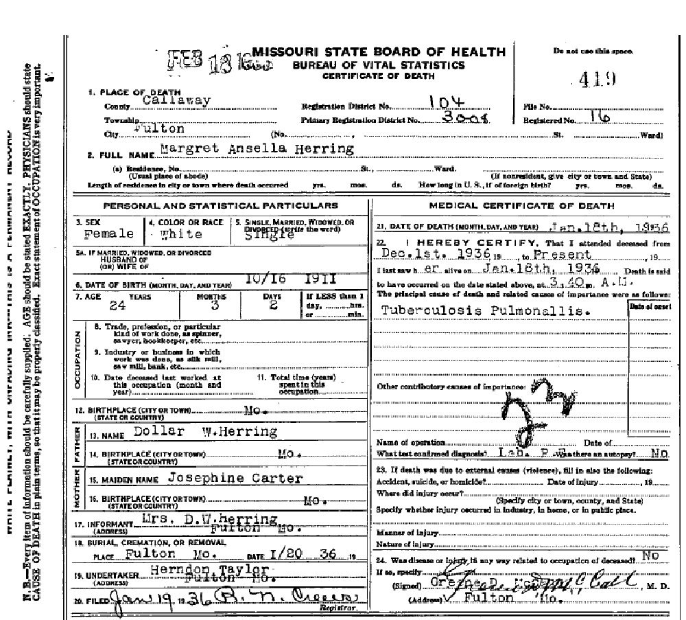 Death certificate of Herring, Margaret Ansella