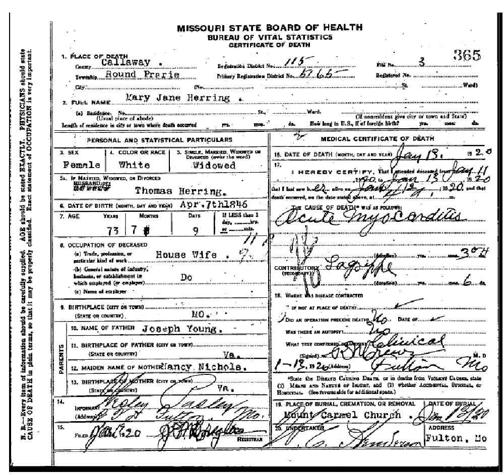 Death certificate of Herring, Mary Jane Young